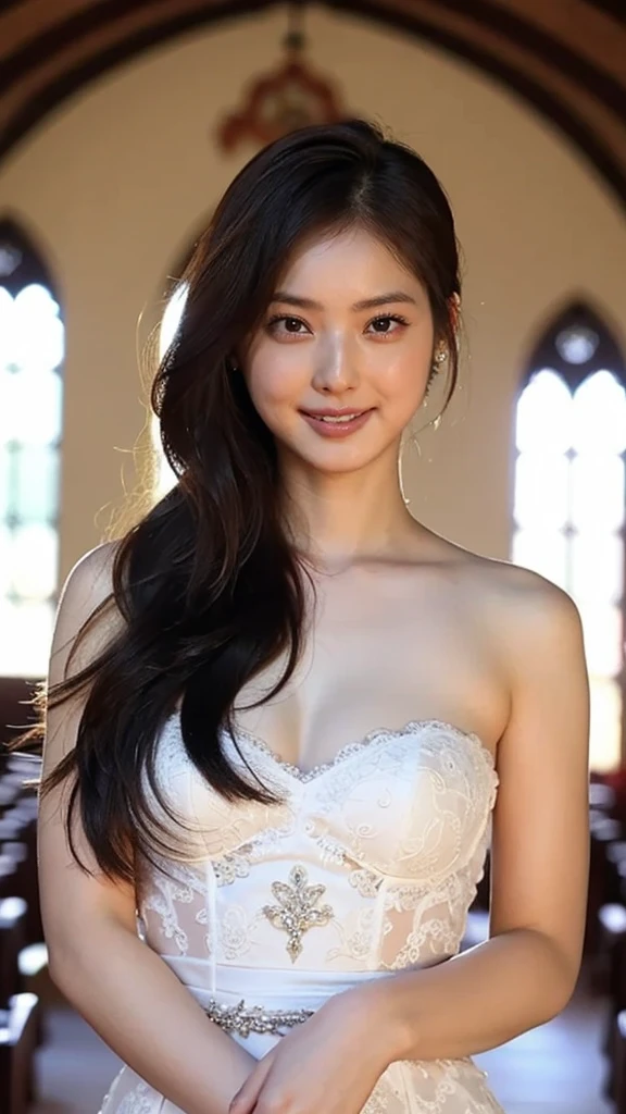 8K RAW Photos, Highest quality, masterpiece, Ultra-high resolution, 3d, Realistic, One girl, Asian, black_hair, summer wedding Dress, length_hair, nose, Natural skin texture, light brown_eye, detailed eyes and face, lips, lipstick, smile, perfect Beautiful feet, Beautiful inside of church location, (Detailed Background), wedding Dress, Blurred Background, fullbody photo, high waist,