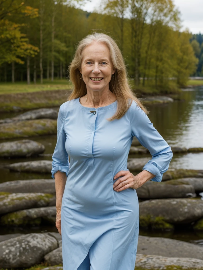 Liv Ullman, her name is Freydis, high quality, 1 old woman, ((50-year-old SLIM dutch woman)), ((50 years old)), (((wrinkled body))), ((((old body)))), (((LONG HAIR))), (((no make up))), (pale skin), (((blue eyes))), she is wearing NORWEGIAN CLOTHING, POSE: standing, classy, laughing, happy, BACKGROUND: outdoor: Oslo city