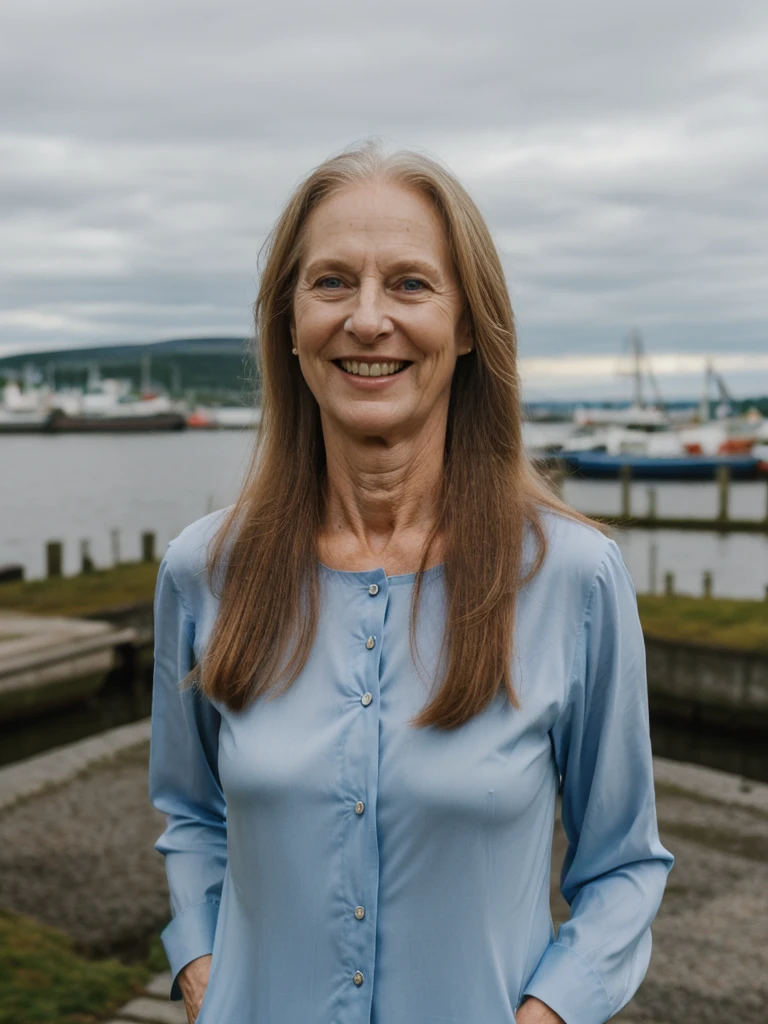 Liv Ullman, her name is Freydis, high quality, 1 old woman, ((50-year-old SLIM dutch woman)), ((50 years old)), (((wrinkled body))), ((((old body)))), (((LONG HAIR))), (((no make up))), (pale skin), (((blue eyes))), she is wearing NORWEGIAN CLOTHING, POSE: standing, classy, laughing, happy, BACKGROUND: outdoor: Oslo city