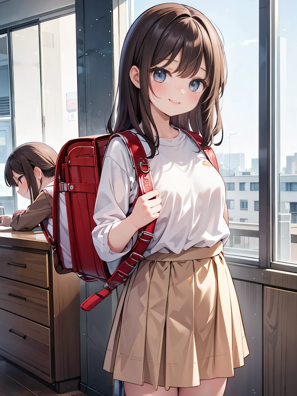 Masterpiece, hd, 1girl, teenager, 17 y o, smile, medium breasts, brown hair, wearing brown sweater, wearing skirt, no outfit, standing, indoor, wearing randoseru backpack,b, (backpack:1.2)