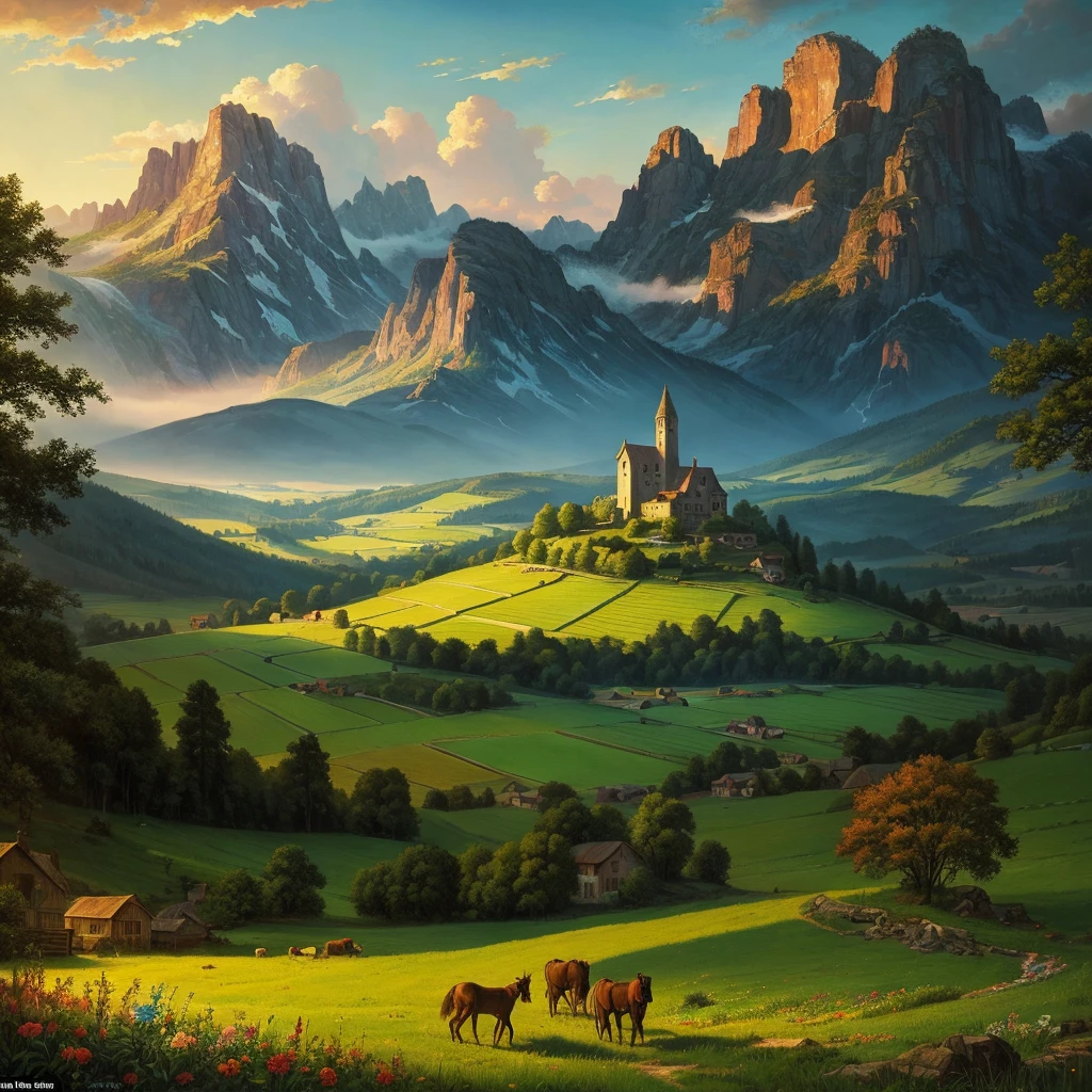 Summer countryside (painting style), realistic, very realistic, detailed, breathtaking realism, high contrast realism, highly saturated realism, vibrant colors, dramatic lighting, captivating landscapes, gripping storytelling, atmospheric scenes, captivating visuals, intricate detail, intense emotion, fantastical beauty, dreamlike worlds