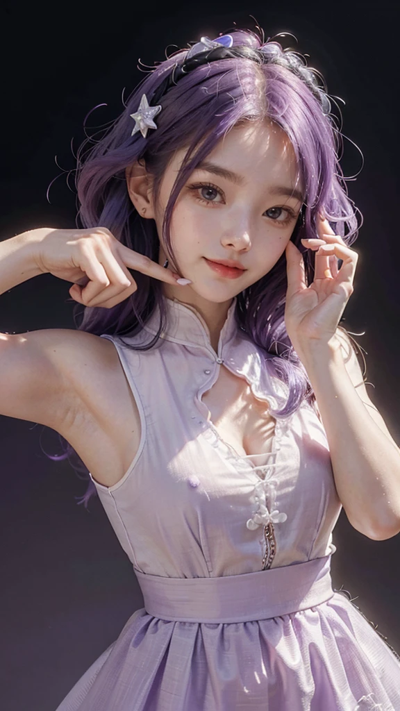 Hosino Ai, gloves, tongue sticking out, tongue, long hair, star (symbol), watch viewer, (purple hair: 1.2), purple eyes, upper body, hair ornament, ruffles, pink shirt, smile, sleeveless, shirt, idol, symbol shaped pupil, hands raised, bangs, one side up, star-shaped pupils, arms raised, dresspull, roaring twenties, isometric, , upper body, rembrandt, Illustration, detail, depth of field, looking at the viewer, peace sign, hand raised, tongue out, highest quality, high resolution.