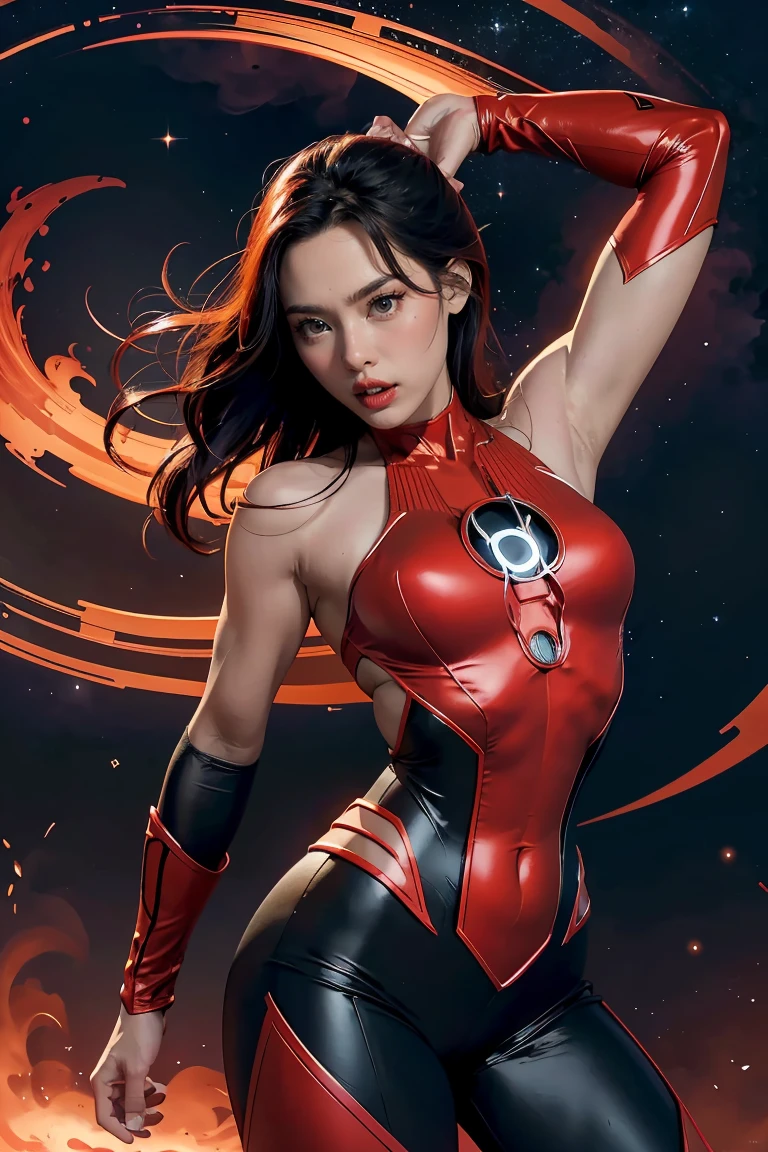 (best quality, 4k, highres, photorealistic), (concept art: 1.2), (bright colors: 1.1), (glowing effect: 1.1), (intense red: 1.2), (dynamic pose: 1.1), (powerful aura: 1.2), (fierce expression: 1.1), (sparkling eyes: 1.1), (flowing hair: 1.1), (ethereal beauty: 1.3), (background: cosmic scenery), (cosmic energy: 1.2), (vibrant stars: 1.1), (energy beams: 1.1), (futuristic technology: 1.2) An angry beautiful woman with lined lips, wearing a red bodysuit that tightly hugs her muscular and toned skin. Her outfit covers her navel and is adorned with intricate makeup designs. She is the iconic Red Lantern, a superhero from the DC Comics universe with extraordinary powers. This version of Red Lantern is a muscular and powerful female character, wearing an all-red uniform that accentuates her figure. Her bodysuit is fitted to her form, emphasizing her curves. The viewer's attention is drawn to her medium-sized breasts, which are beautifully detailed and add to her realism and overall aesthetic. As she looks directly at the viewer, her captivating gaze is enhanced by the realism of her eyes, which sparkle with intensity. Her expression is fierce and determined, displaying her unwavering dedication to protecting the innocent. The artwork is of the highest quality, with a resolution of 4K, showcasing every ultra-detailed aspect of the beautiful woman. The photorealistic style brings her to life, making her appear as if she could step off the canvas and into reality. The artist has captured the essence of red Lantern's power and aura, with a vibrant and dynamic pose. Her body emanates a powerful and glowing green energy, forming a captivating cosmic scenery background. The starry night sky is filled with vibrant and vivid colors, giving the artwork an otherworldly feel. The cosmic energy radiating from red Lantern is depicted through energy beams and futuristic technology surrounding her. The intensity of her power is further emphasized by the bright and glo
