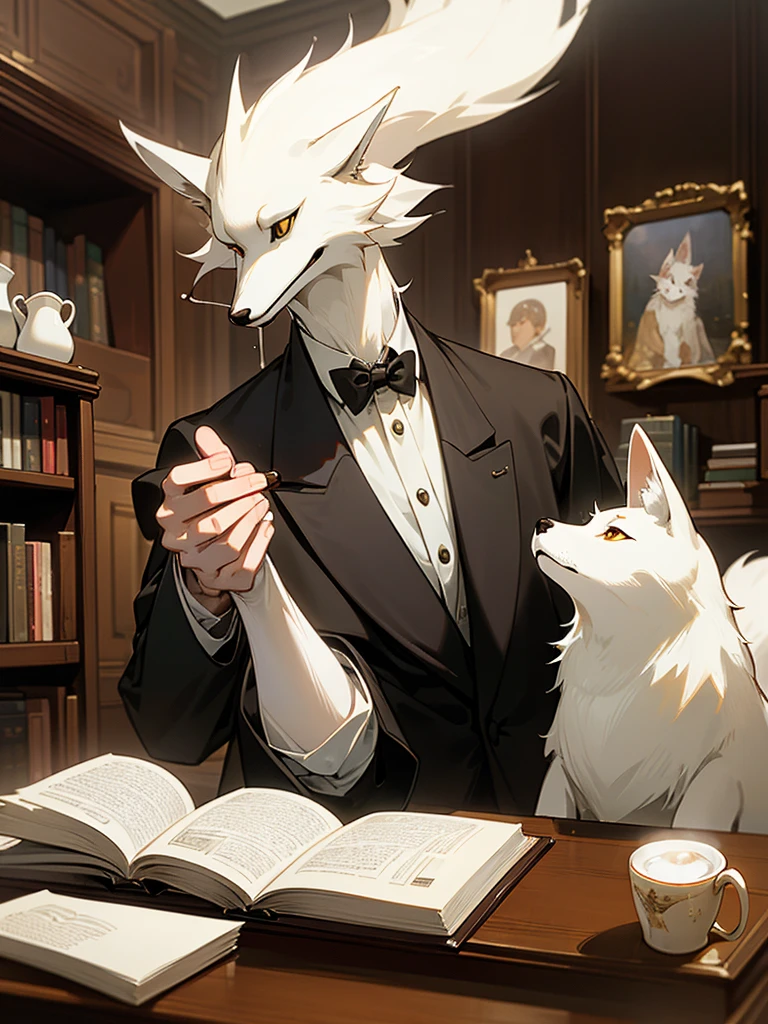 (Highest quality、High resolution、8K、masterpiece: 1.2)。
An anthropomorphic gentlemanly white fox reading a magazine in a second-hand bookstore。On the antique furniture table, steaming coffee and cigars are placed.、I can see he&#39;s enjoying it。Secondhand bookstores、Long bookshelf、Floating Book、The spiral staircase is a distinctive feature、It&#39;s a different dimension, far removed from reality.。He wears a neat casual suit、sunglasses、Wearing a hat。clock、necklace、bracelet、Tattoo。Angle from bottom to top。Do not make eye contact。