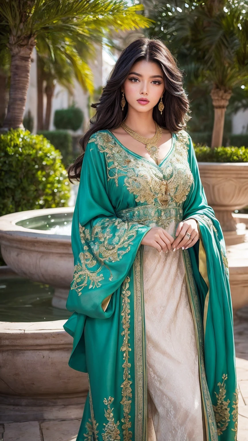 "Create an image of a beautiful model woman with a perfect face, ultra realistic, in 16k resolution, resembling a Vogue model with a detailed face and eyes. She is a Moroccan model with long, thick, curly dark hair. Her makeup is exotic, with kohl-lined eyes and a deep red lipstick. She is posing gracefully, standing with one hand delicately touching her chin and a captivating gaze. She is wearing a luxurious, traditional kaftan in emerald green with gold embroidery. The background is a lavish Moroccan courtyard with intricate tilework, lush greenery, and a central fountain."