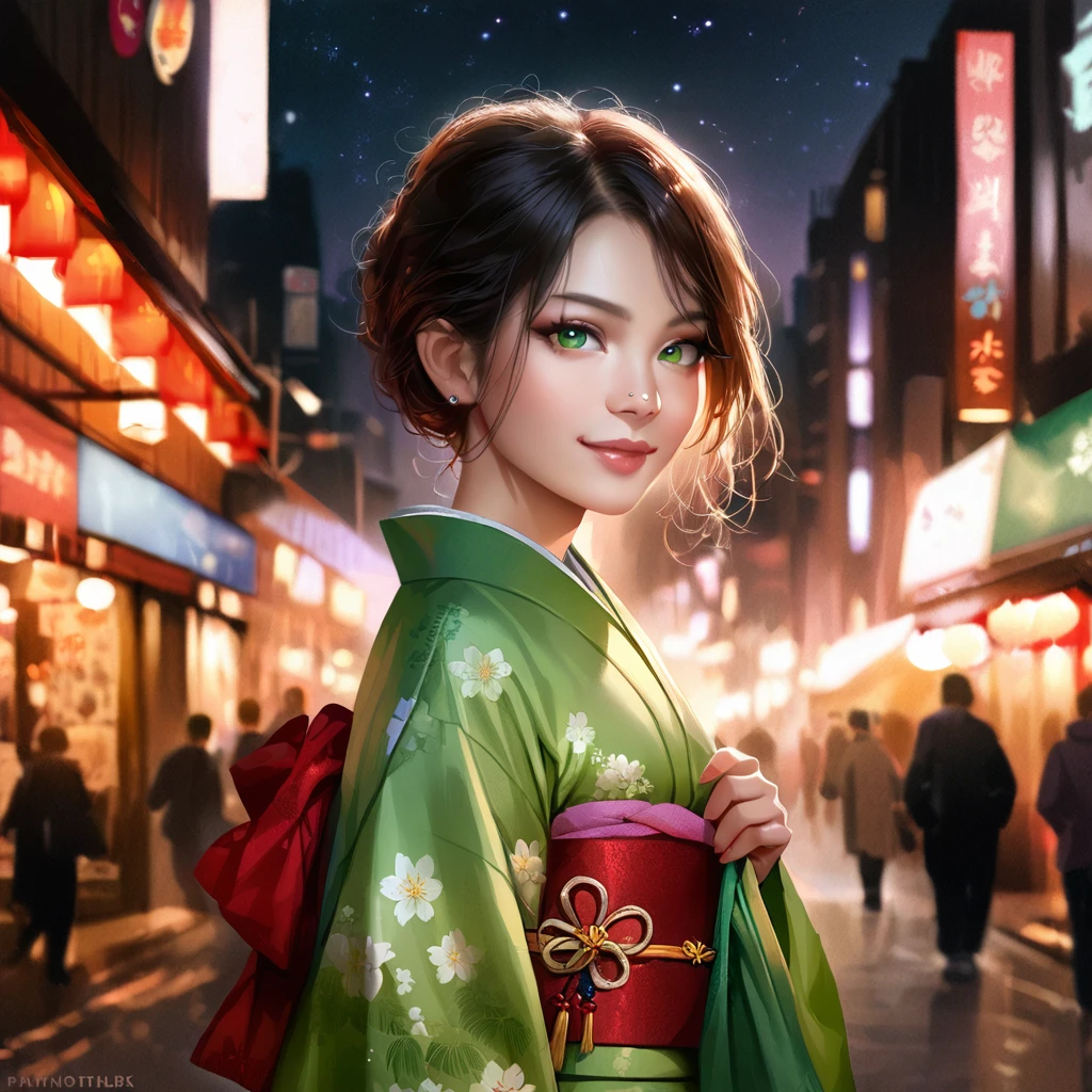 1girl,(japanese clothes, green kimono, floral print,  kimono,  print kimono,  sash, wide sleeves, obi),city background,(RAW photo, best quality), (realistic, photo-realistic:1.4), masterpiece, an extremely delicate and beautiful, extremely detailed, 2k wallpaper, Amazing, finely detail, extremely detailed CG unity 8k wallpaper, ultra-detailed, highres, soft light, beautiful detailed girl, extremely detailed eyes and face, beautiful detailed nose, beautiful detailed eyes,cinematic lighting,city lights at night,starry sky,perfect anatomy,slender body,light smile   