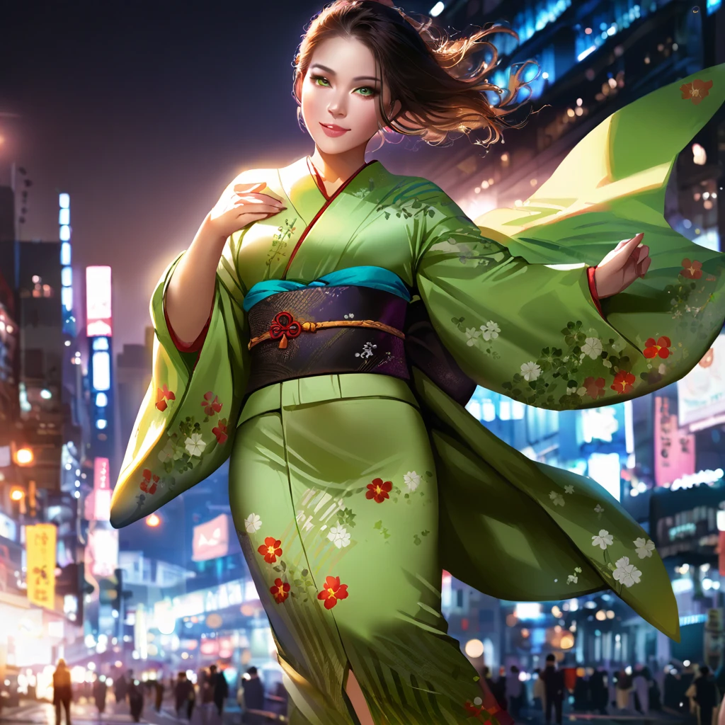 1girl,(japanese clothes, green kimono, floral print,  kimono,  print kimono,  sash, wide sleeves, obi),city background,(RAW photo, best quality), (realistic, photo-realistic:1.4), masterpiece, an extremely delicate and beautiful, extremely detailed, 2k wallpaper, Amazing, finely detail, extremely detailed CG unity 8k wallpaper, ultra-detailed, highres, soft light, beautiful detailed girl, extremely detailed eyes and face, beautiful detailed nose, beautiful detailed eyes,cinematic lighting,city lights at night,starry sky,perfect ???????,slender body,light smile   