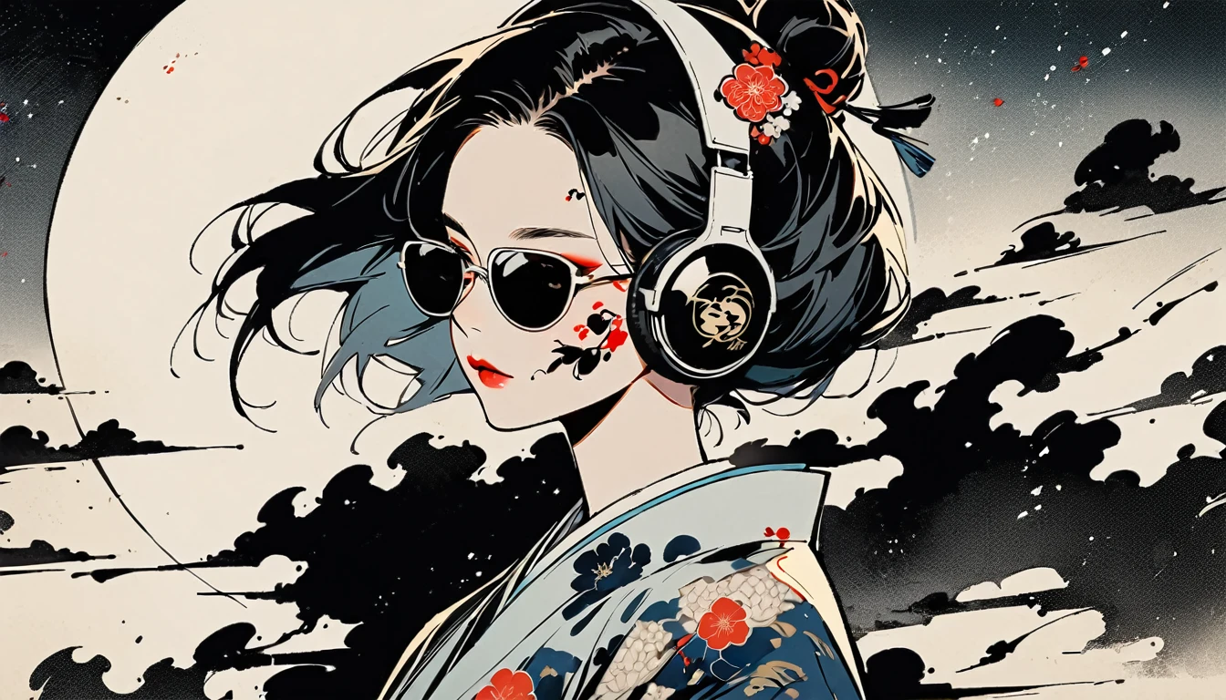 Ink Painting, (((1 girl))), (((Tattoo on face))), (((sunglasses))), Japanese style headphones, beautiful girl, Black Hair, Delicate and precise, Modern ukiyo-e style, Darkness