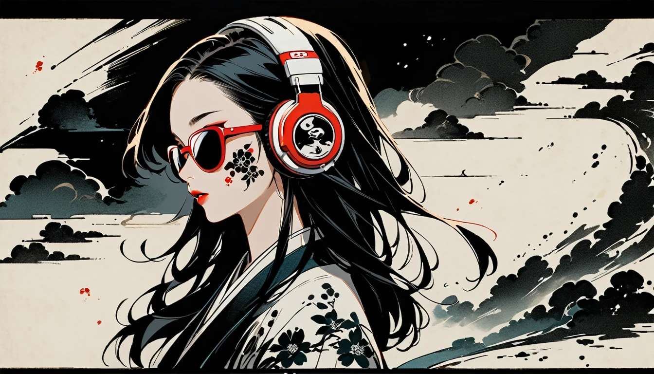 Ink Painting, (((1 girl))), (((Tattoo on face))), (((sunglasses))), Japanese style headphones, beautiful girl, Black Hair, Delicate and precise, Modern ukiyo-e style, Darkness