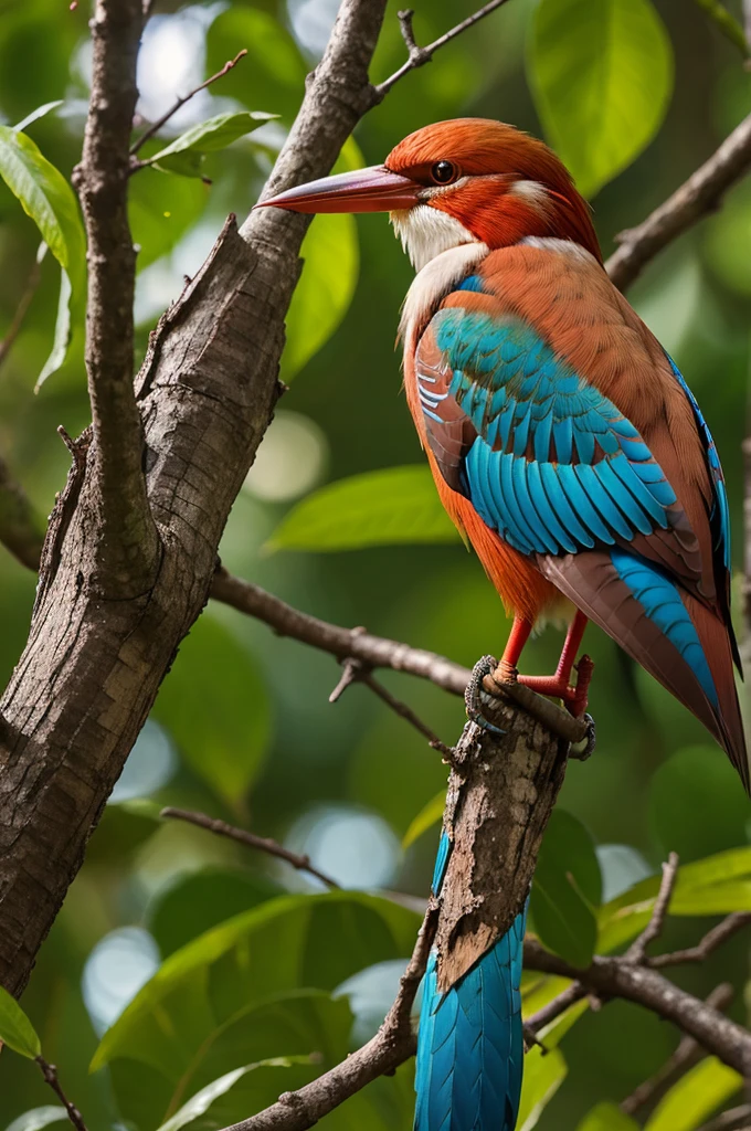 A white-throated kingfisher perched on a branch, with its distinctive brown head, bright blue back, wings and tail, and long red beak and legs. The background should be a soft-focus view of green leaves to give the impression of a forested area.