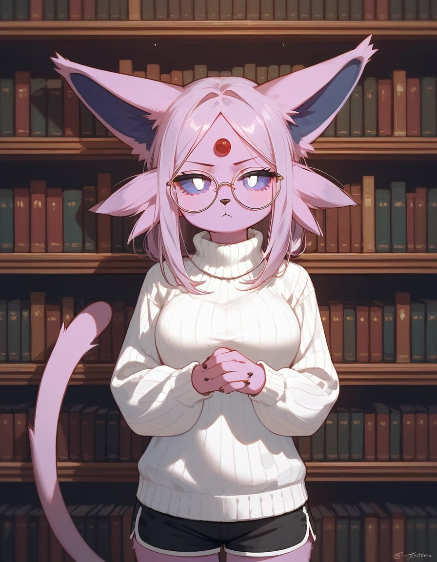 score_9,score_8_up,score_7_up, anthro furry female espeon Pokemon, purple sclera, white eyes, wearing white turtleneck sweater, black shorts, big round glasses, hands together, jitome, bored expression, serious expression, in a library,