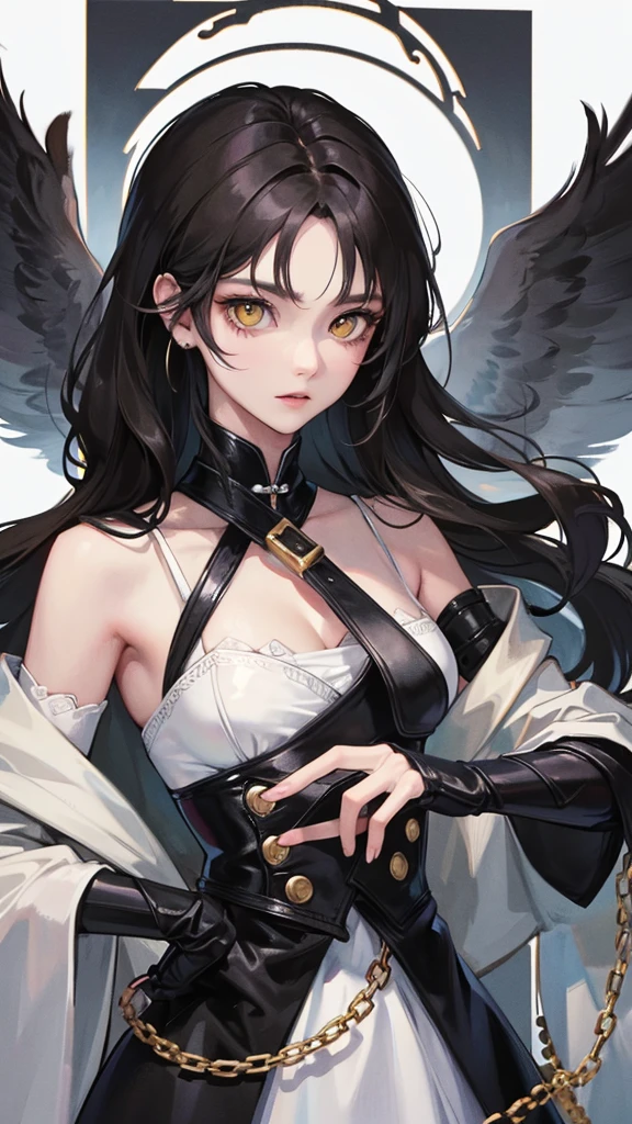 (highest resolution、different_picture)คุณpictureสูงสุด、female、Masterpiece、Highly detailed、semi-realistic、yellow eyes、black hair, 18 years old、young people、Street clothing、exquisite face、facial features、unique hairstyle, Various formats, pictureเหมือน, white background, A neutral expression,cold, Neat outfit, official, chain, cross