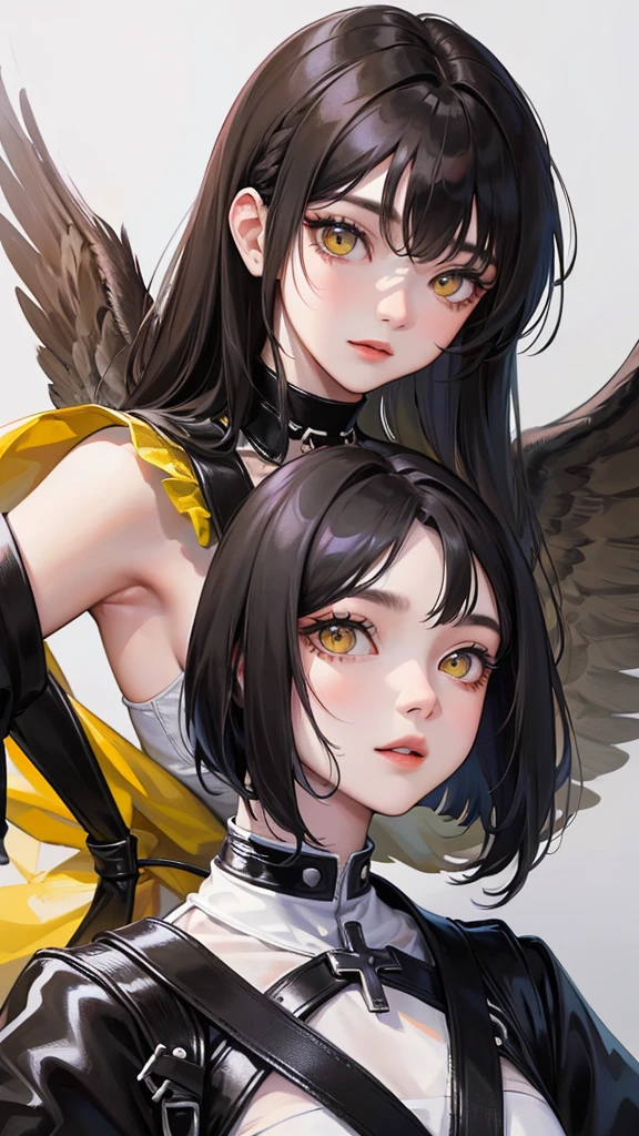(highest resolution、different_picture)คุณpictureสูงสุด、female、Masterpiece、Highly detailed、semi-realistic、yellow eyes、black hair, 18 years old、young people、Street clothing、exquisite face、facial features、unique hairstyle, Various formats, pictureเหมือน, white background, A neutral expression,cold, Neat outfit, official, chain, cross