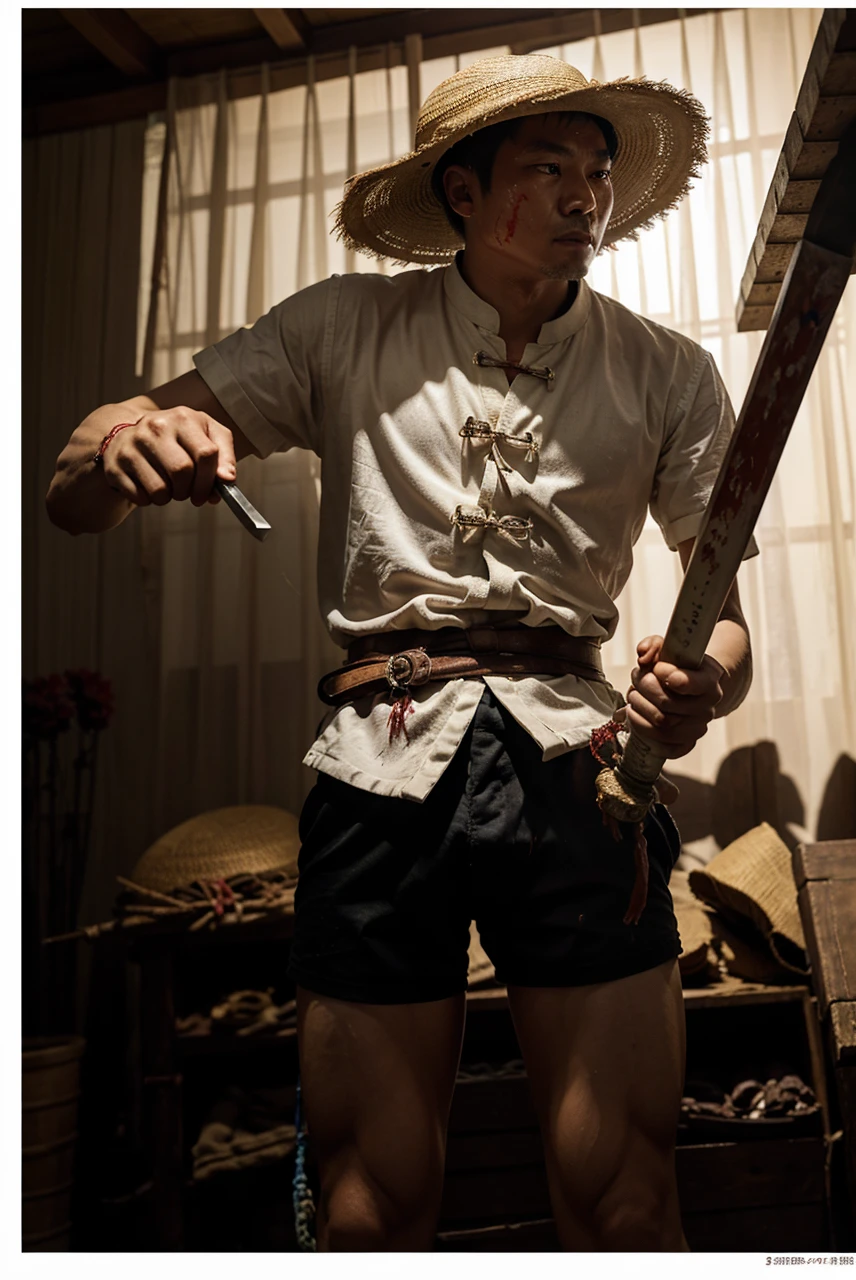 A Chinese man wearing a straw hat holds a sword in his hand with Chinese words written on it and sees a lot of blood and corpses