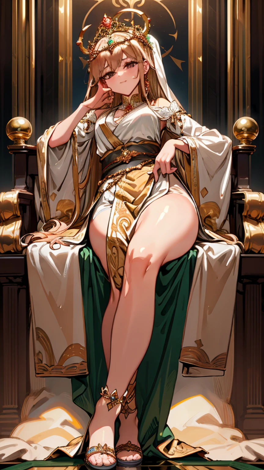 In an opulent palace hall, a towering goddess reclines on a grand throne, her flowing robe cascading over the golden steps. At her feet, humans of normal size offer tributes, their heads barely reaching her ankles, as her serene gaze surveys the room.

