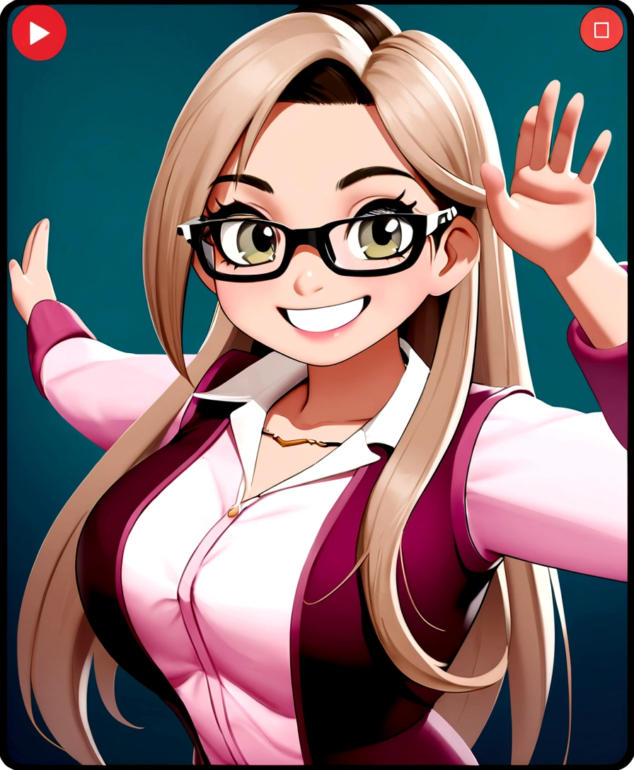 Pixar style image with 3D character white prescription glasses woman long straight hair dark brown eyes dancing with open arms, Keep the same image and just change the pose, Disney makeup,fisherman, cute, smiling ,close up, pixar, Disney, cinema lighting,