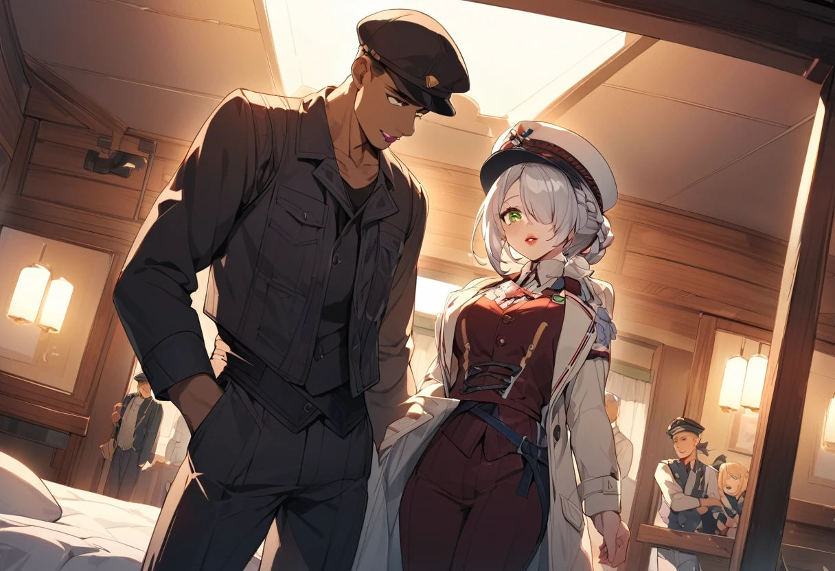 BREAK Perfect Anatomy、(High resolution:1.2)、Incredible illustrations、(Cute illustrations:1.2)、(nsfw)(cinematic angle,ceiling,solo focus,)
(Beautiful background(Beautiful background(sleeper train suite interior))
1girl((male focus,tom girl)(a girl, 1.7meters, 45kg,,dark skin:1.6,green eyes,silver hair,hair over one eye,long french braid,lipstick:1.2)(light smile)(netorare、on the bed)
(tyrolean hat,rail road man's coat,Vest jacket with lines
slacks,workman's boots)(half undressed,)