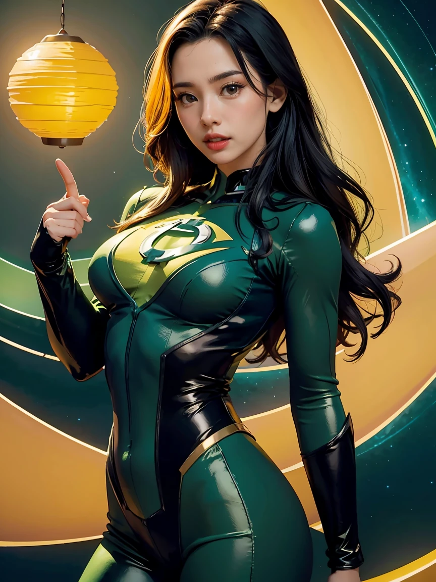 masterpiece, best quality, 1girl, black hair, blue eyes, green lantern costume, white gloves, cityscape background