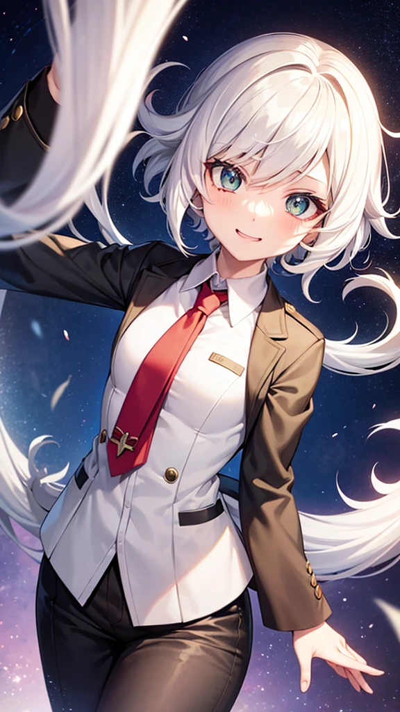 An anime style screenshot of the universe of "Boku no hero academia" (bnha). The scene shows an albino girl with short, wavy hair in the form of waves falling downwards.. He has big green eyes that stand out in his pale face.. He wears the typical UA , with a gray jacket and a red tie. The girl has snake fangs that show when she smiles and small medium-sized wings on her back. Besides, a snake&#39;s tail is seen moving behind her. The background is a typical anime school hallway, with lockers and doors on the sides
