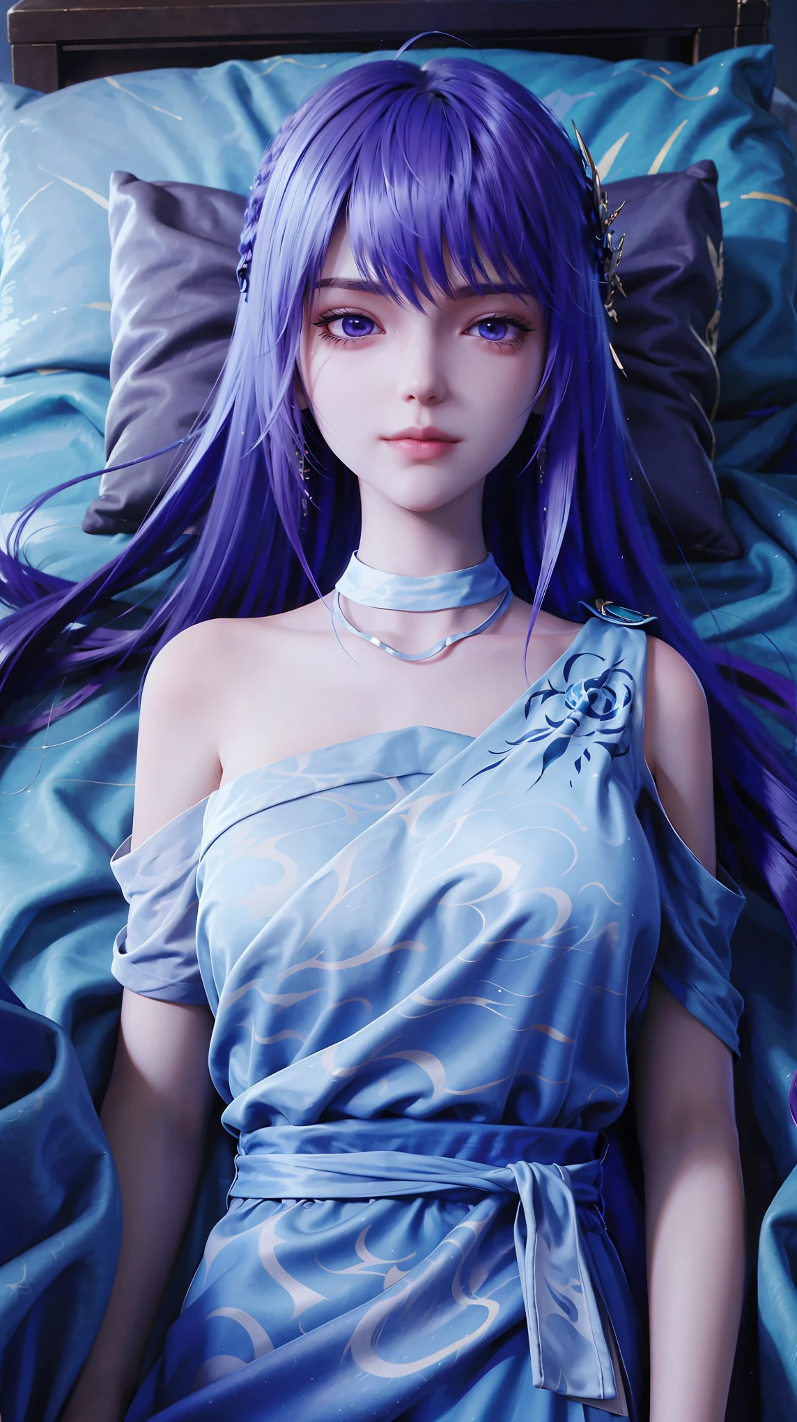 一个女孩Lying in bed，Face up，Raise your legs slightly，Front view super detailed beautiful big breasted girl 16 years old. Ultra HD, 4K, 8K, Movie，whole body，Lying down，Long legs，Very big breasts，whole body捕捉，（（（Lying in bed））），（（（whole bodyLying in bed））），Blue bed，Off-shoulder，Shoulder to shoulder，Lying in bed，Sleeping on the pillow，Lying down，Headrest pillows，