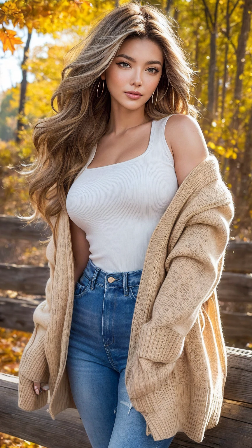 "Create an image of a beautiful model woman with a perfect face, ultra realistic, in 16k resolution, resembling a Vogue model with a detailed face and eyes. She is a Canadian model with medium-length, wavy auburn hair. Her makeup is radiant, with soft golden eyeshadow and a peachy lip color. She is posing confidently, leaning against a rustic wooden fence with a warm smile. She is wearing a cozy, oversized knit sweater in cream and denim jeans. The background is a picturesque autumn forest, with colorful foliage and a gentle sunlight filtering through the trees."