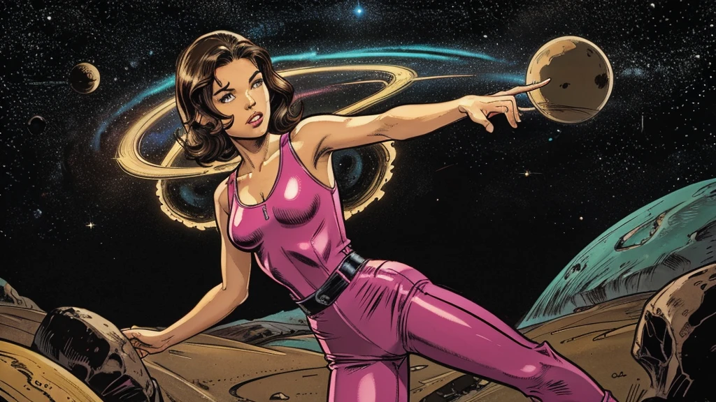a cute, slender, aerobics instructor, very short STRAIGHT brown hair, very short STRAIGHT brown hair, very short STRAIGHT brown hair, very short STRAIGHT brown hair, very short STRAIGHT brown hair, brown eyes, dimples, sexy pose; wearing a tight coverall, in an alien environment, space, planets, spaceships, creatures, tentacles, retro comics 1950s, neon colors, lots of bright popping colors, bright, contrasting colors