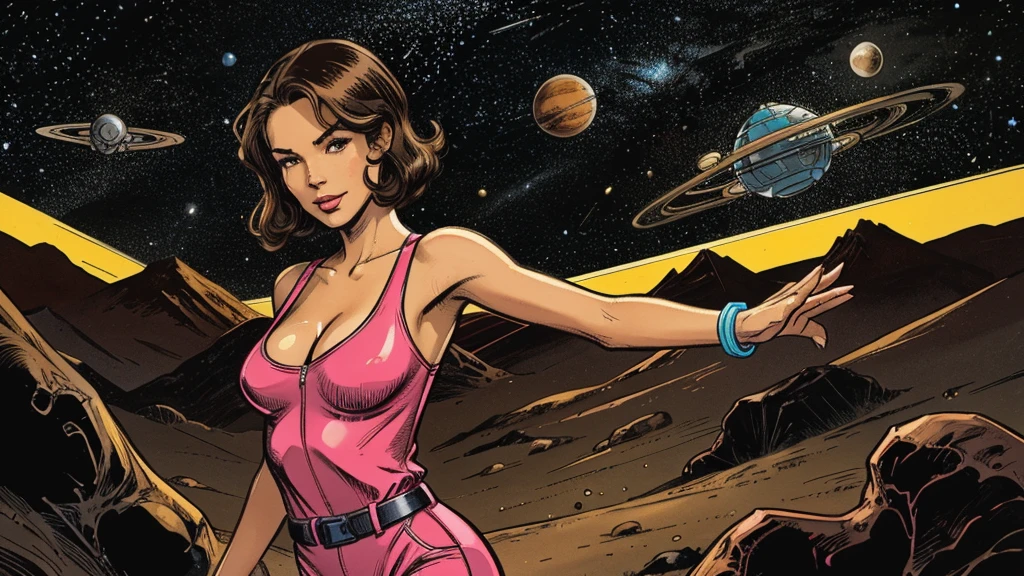 a cute, slender, aerobics instructor, very short STRAIGHT brown hair, very short STRAIGHT brown hair, very short STRAIGHT brown hair, very short STRAIGHT brown hair, very short STRAIGHT brown hair, brown eyes, dimples, sexy pose; wearing a tight coverall, in an alien environment, space, planets, spaceships, creatures, tentacles, retro comics 1950s, neon colors, lots of bright popping colors, bright, contrasting colors