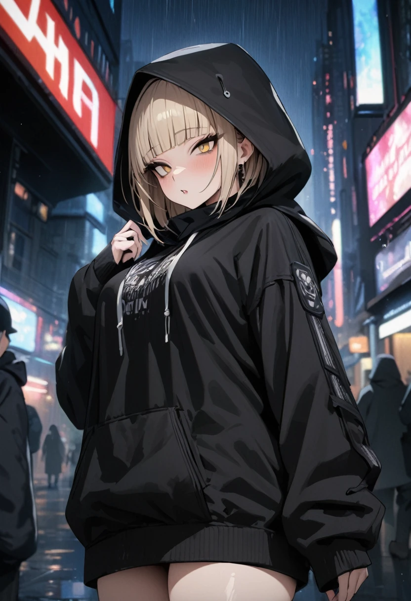 (Highest quality, 4K, 8K, High resolution, masterpiece:1.2), Very detailed, Himiko Toga、Wearing a black hood、Rainy dark night city、