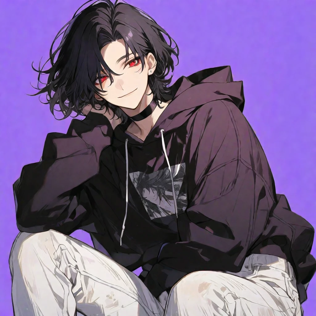 alone,good looking, Monotony,
1. male,
,Straight hair,Bob Hair, Bob Hair,
Black Hair, 
Gojo Satoru ,
Red eyes,Soft impression,
beautiful,Sexy,darkness,choker,
White distressed jeans, hoodie ,smile,
Simple Background ,
Purple Background,