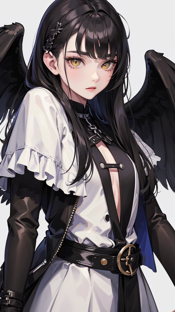 (highest resolution、different_picture)คุณpictureสูงสุด、female、Masterpiece、Highly detailed、semi-realistic、yellow eyes、black hair crow, 18 years old、young people、Street clothing、exquisite face、facial features、unique hairstyle, Various formats, pictureเหมือน, white background, A neutral expression,cold, Neat outfit, official, chain, cross