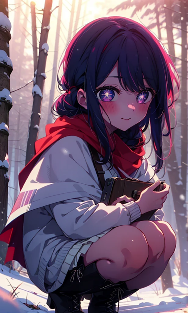 aihoshino, Ai Hoshino, Long Hair, bangs, (Purple eyes:1.1), Purple Hair, (Symbol-shaped pupil:1.5), smile,,smile,blush,White Breath,
Open your mouth,snow,Ground bonfire, Outdoor, boots, snowing, From the side, wood, suitcase, Cape, Blurred, , forest, White handbag, nature, Squat, Mouth closed, Cape, winter, Written boundary depth, Black shoes, red Cape break looking at viewer, Upper Body, whole body, break Outdoor, forest, nature, break (masterpiece:1.2), Highest quality, High resolution, unity 8k wallpaper, (shape:0.8), (Beautiful and beautiful eyes:1.6), Highly detailed face, Perfect lighting, Extremely detailed CG, (Perfect hands, Perfect Anatomy),