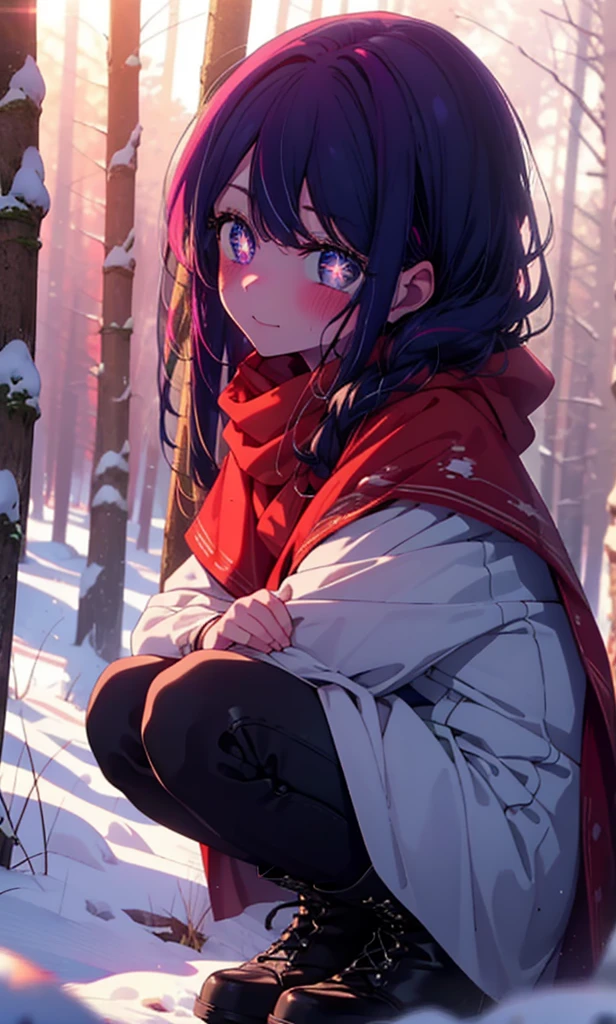 aihoshino, Ai Hoshino, Long Hair, bangs, (Purple eyes:1.1), Purple Hair, (Symbol-shaped pupil:1.5), smile,,smile,blush,White Breath,
Open your mouth,snow,Ground bonfire, Outdoor, boots, snowing, From the side, wood, suitcase, Cape, Blurred, , forest, White handbag, nature,  Squat, Mouth closed, Cape, winter, Written boundary depth, Black shoes, red Cape break looking at viewer, Upper Body, whole body, break Outdoor, forest, nature, break (masterpiece:1.2), Highest quality, High resolution, unity 8k wallpaper, (shape:0.8), (Beautiful and beautiful eyes:1.6), Highly detailed face, Perfect lighting, Extremely detailed CG, (Perfect hands, Perfect Anatomy),