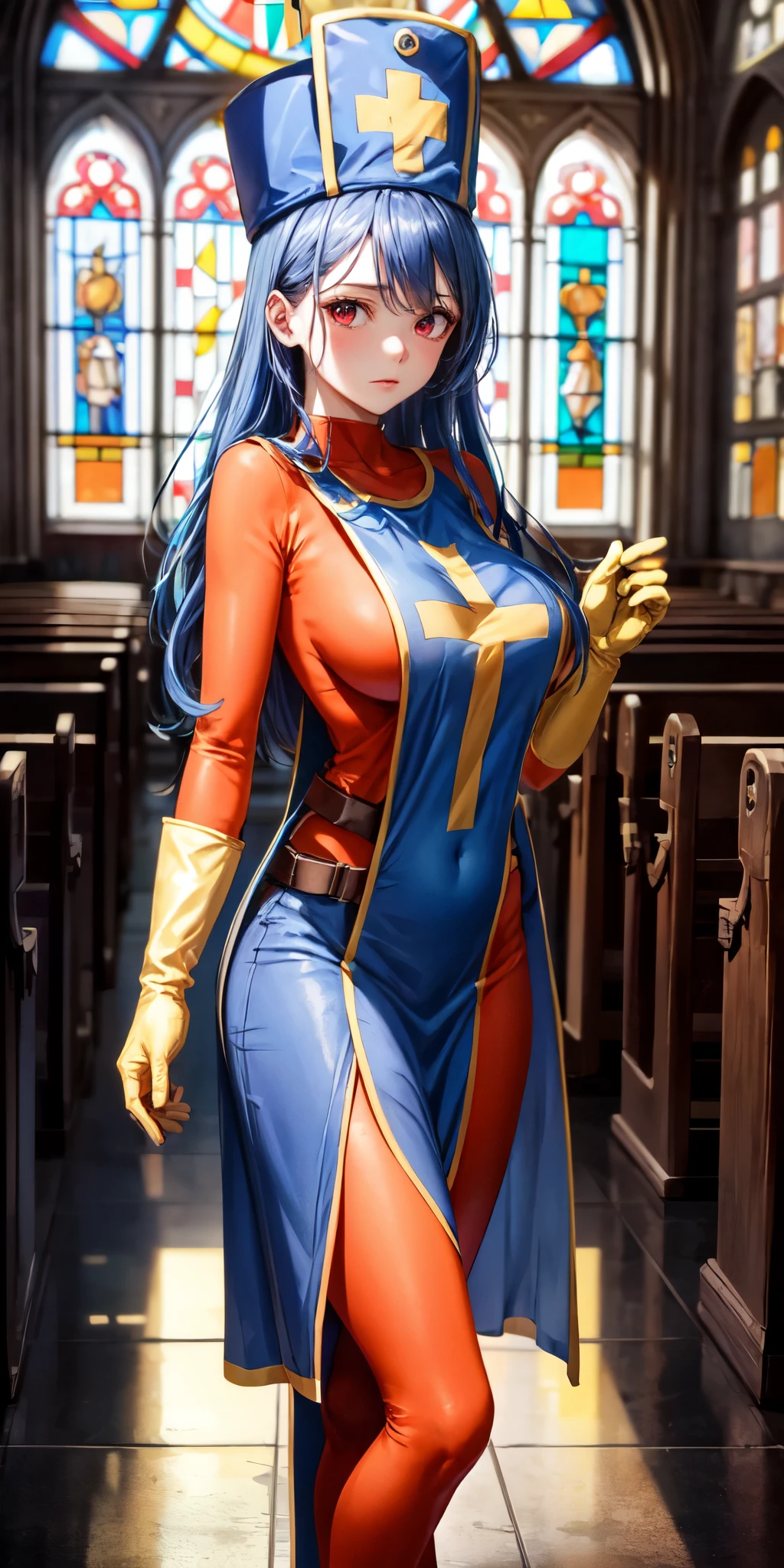 masterpiece, best quality, 4k, 8k, priest \(dq3\), 1girl, solo, long hair, blue hair, red eyes, mitre, tabard, cross print, orange bodysuit, elbow gloves, large breasts, praying, nature, church, Stained glass, holylight, cowboy shot, from front, look at viewer, standing