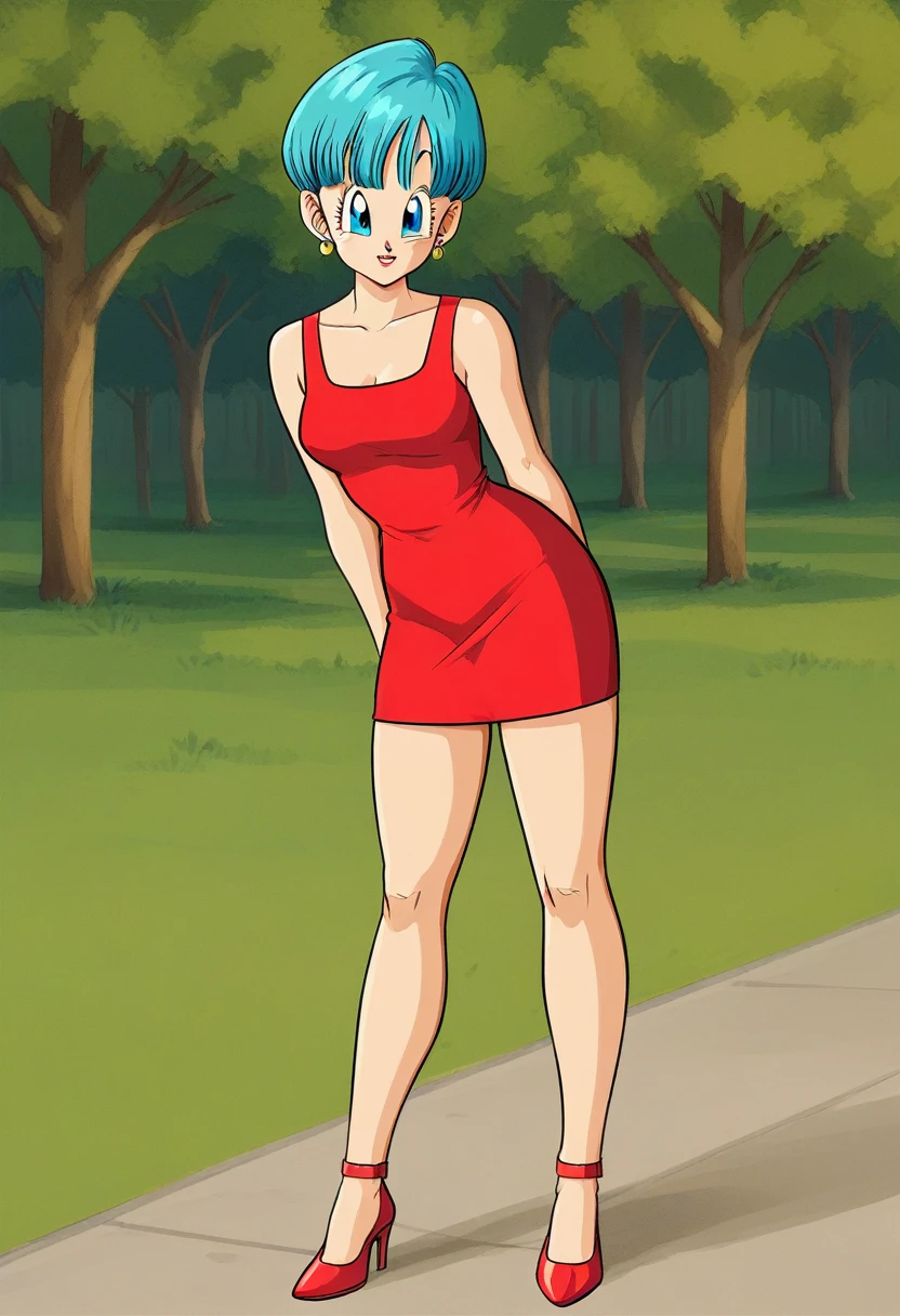 Bulma briefs red dress legs crossed