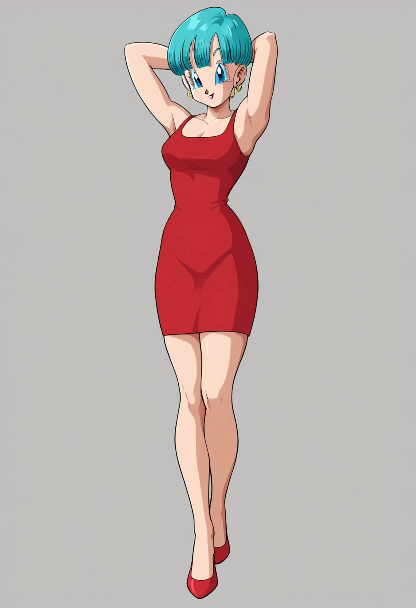 Bulma briefs red dress legs crossed