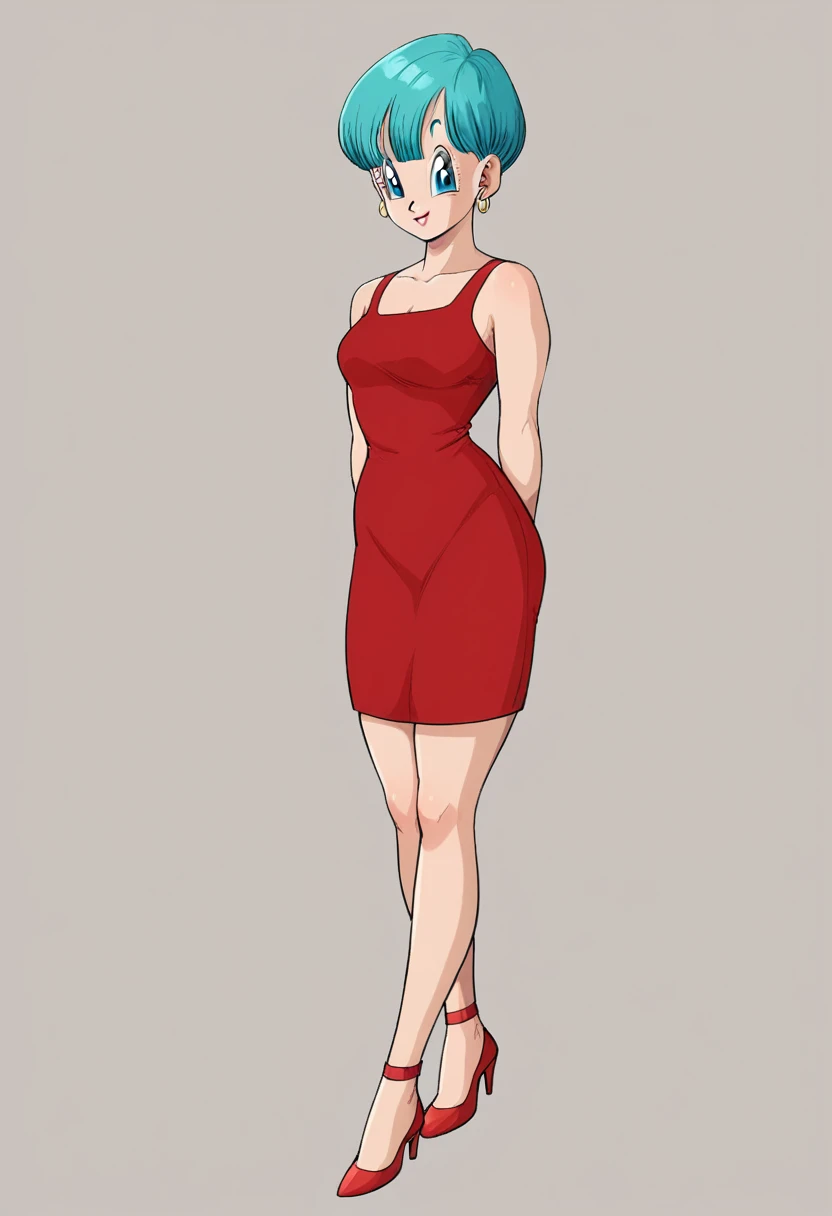 Bulma briefs red dress legs crossed