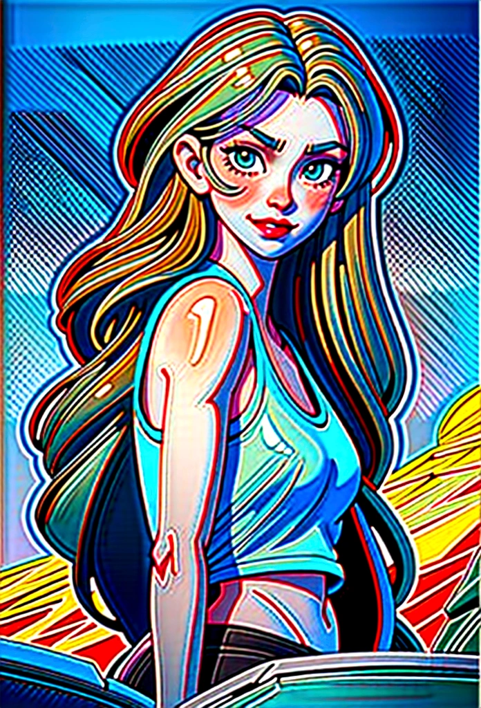 fuzzy, traditional art, Liu2, brush texture, check_9, check_8_up, check_7_up, 1 girl, orange hair, up to the shoulder blades, straight hair, long hair, Blue eyes, Plump lips, Long eyelashes, half-closed eyes, adult, beautiful make-up, big breasts, blue eyeshadow, Looking at the viewer, BREAK solo, standing, adult, skinny, high leg, arched back, hip gap, BREAK (White background:1.2), simple background, dynamic pose, dynamic angle, Corner shot, casual wear, Beautiful anatomy, perfect hands, High-quality fingers, good hands, high detail, detailed art
