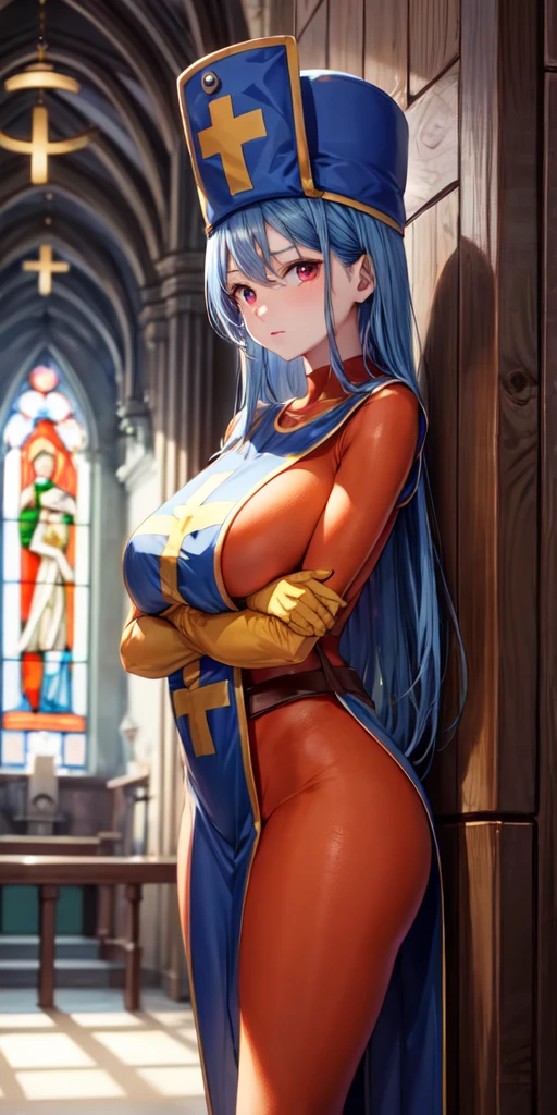 masterpiece, best quality, 4k, 8k, priest \(dq3\), 1girl, solo, long hair, blue hair, red eyes, mitre, tabard, cross print, orange bodysuit, elbow gloves, large breasts, praying, nature, church, Stained glass, holylight, cowboy shot, from front, look at viewer, standing