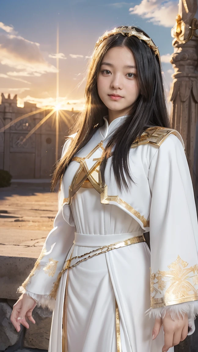 ((masterpiece, best quality, extremely detailed), volumetric lighting, ambient occlusion, colorful, glowing), 1girl, solo, young girl, (black fluffy hair without bangs), long hair, halo, aura, sacred, goddess, cleric suit, (white outfit with gold detailst:1.3), armor, outdoors, sunset, sky, clouds, space, (fantasy theme:1.2),