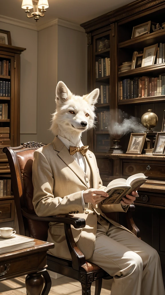 (Highest quality、High resolution、8K、masterpiece: 1.2)。
An anthropomorphic gentlemanly white fox reading a magazine in a second-hand bookstore。On the antique furniture table, steaming coffee and cigars are placed.、I can see she's enjoying it。Secondhand bookstores、Long bookshelf、Floating Book、The spiral staircase is a distinctive feature、It's a different dimension, far removed from reality.。He wears a neat casual suit、sunglasses、Wearing a hat。clock、necklace、bracelet、Tattoo。Angle from bottom to top。Do not make eye contact。