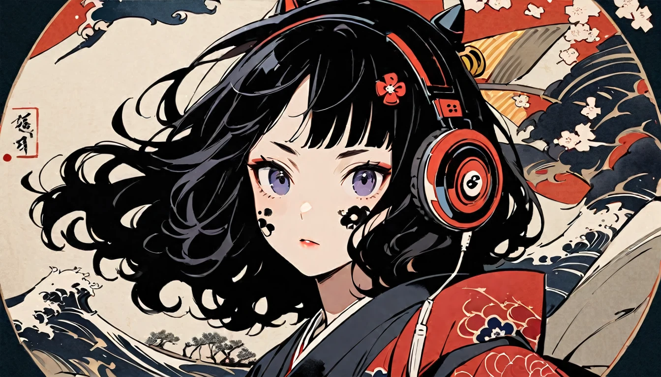 Highest quality, Katsushika Hokusai, Ink Painting, (((1 girl))), (((Tattoo on face))), Japanese style headphones, beautiful girl, Black Hair, Delicate and precise, Modern ukiyo-e style, Darkness