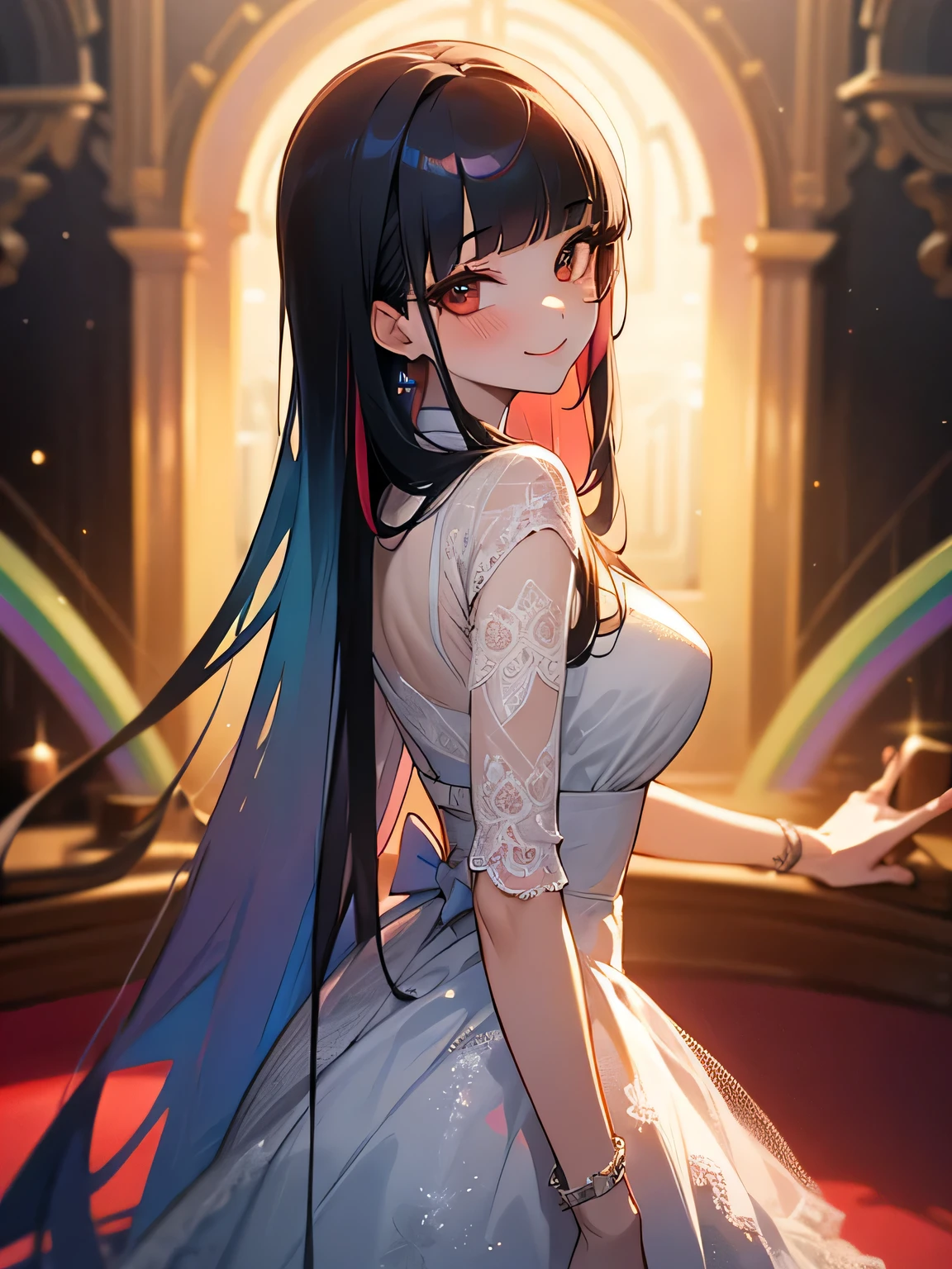 sideview,(looking at viewer),pastel blue super long straight hair,(white skin), (blunt bangs), eyelash, classy rainbow net lace dress, midnight party, red carpet, elegant, classy smile,