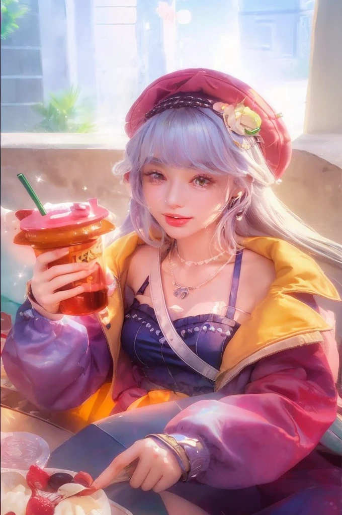 (upper body), (best quality:1.1) ,(photorealistic:1.1), (photography:1.1), (highly detailed:1.1), looking at viewer,armlet, Jade bracelet, eyelashes, happy, medium breasts,beautiful detailed girl, (extremely detailed eyes and face), (lighting on face),necklace,Colorful clothes, [chinese clothes],[off shoulder], (solo:1.2), sandbeach,sand,Standing by the seaside, summer, (beautiful detailed sky),