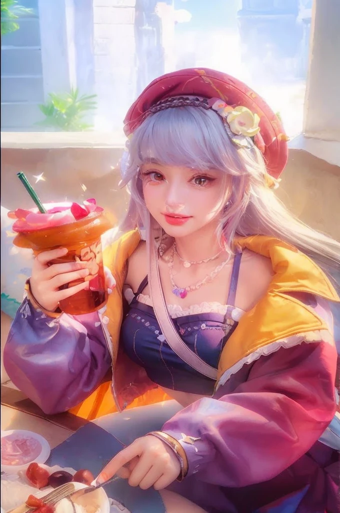 (upper body), (best quality:1.1) ,(photorealistic:1.1), (photography:1.1), (highly detailed:1.1), looking at viewer,armlet, Jade bracelet, eyelashes, happy, medium breasts,beautiful detailed girl, (extremely detailed eyes and face), (lighting on face),necklace,Colorful clothes, [chinese clothes],[off shoulder], (solo:1.2), sandbeach,sand,Standing by the seaside, summer, (beautiful detailed sky),