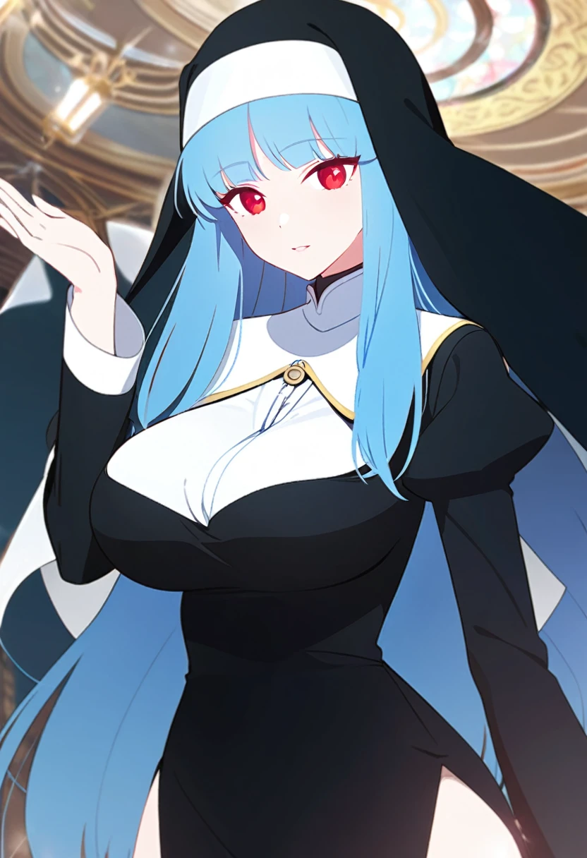 My name is Yukiko.I am a white test woman with long Sky blue hair,red eye color.I am 1.62 cm tall . My breasts measure 200 cm, my waist 40 cm and my hips 200 cm. Dressed in a nun's dress with the veil on . With big breasts 200 cm⁷
