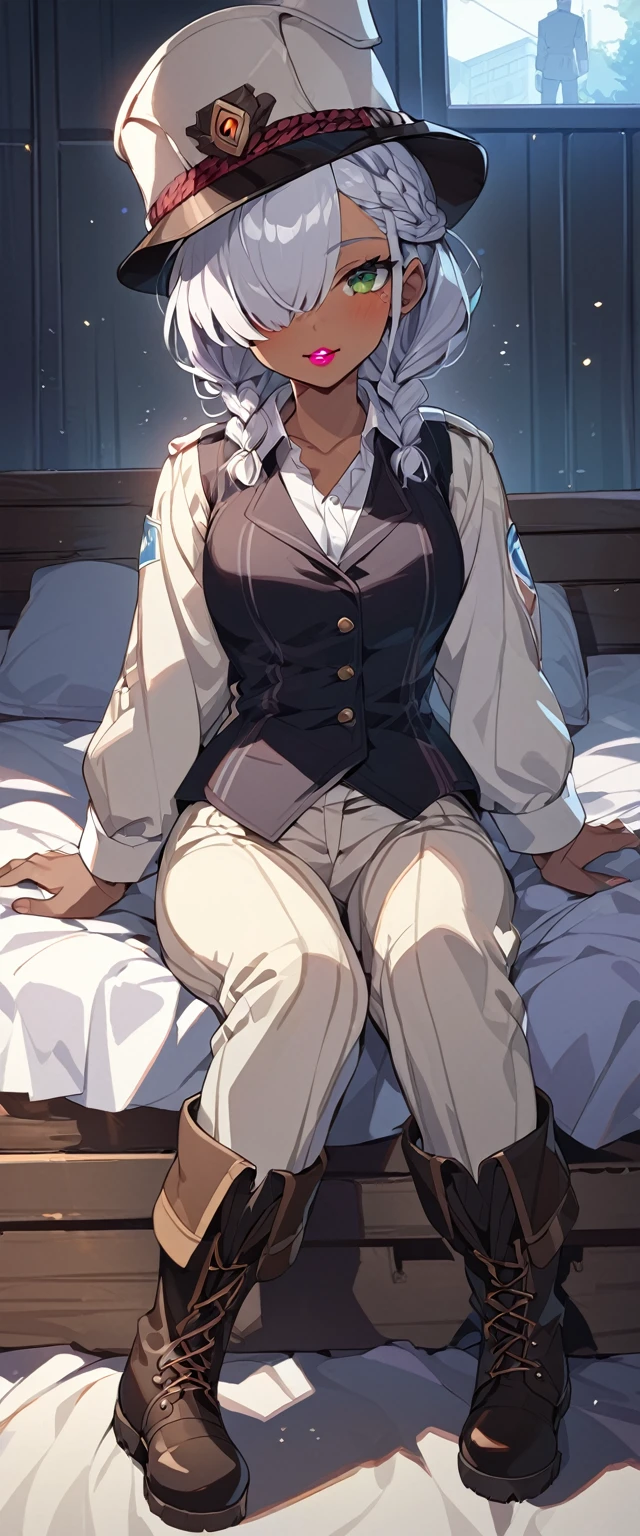 BREAK Perfect Anatomy、(High resolution:1.2)、Incredible illustrations、(Cute illustrations:1.2)、(nsfw)(cinematic angle,ceiling,solo focus,)
(Beautiful background(sleeper train suite interior))
1girl((male focus,tom girl)(a girl, 1.7meters, 45kg,,dark skin:1.6,green eyes,silver hair,hair over one eye,long french braid,lipstick:1.2)(light smile)(netorare、on the bed)
(tyrolean hat,rail road man's coat,Vest jacket with lines
slacks,workman's boots)(repe:1.4)