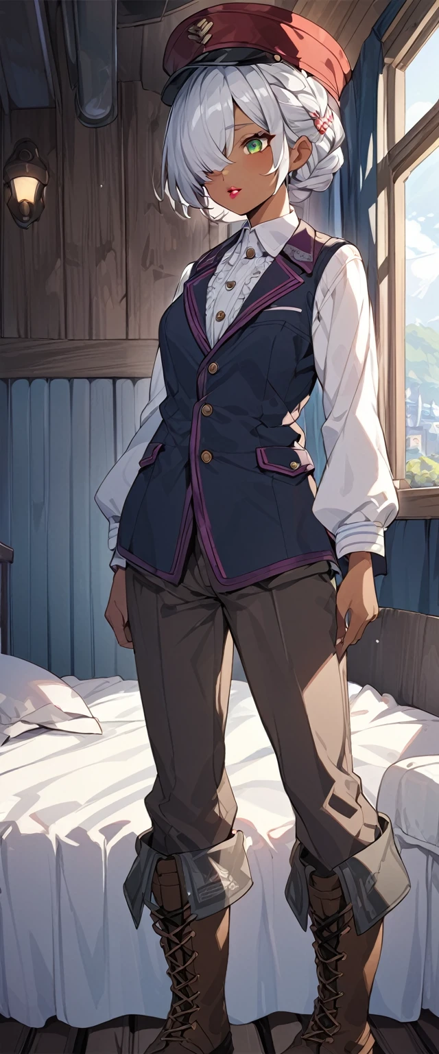BREAK Perfect Anatomy、(High resolution:1.2)、Incredible illustrations、(Cute illustrations:1.2)、(nsfw)(cinematic angle,ceiling,solo focus,)
(Beautiful background(sleeper train suite interior))
1girl((male focus,tom girl)(a girl, 1.7meters, 45kg,,dark skin:1.6,green eyes,silver hair,hair over one eye,long french braid,lipstick:1.2)(light smile)(netorare、on the bed)
(tyrolean hat,rail road man's coat,Vest jacket with lines
slacks,workman's boots)(repe:1.4)