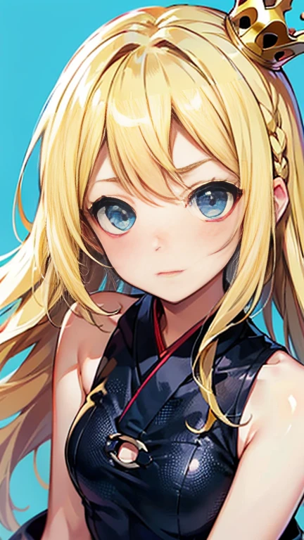 (Darjeeling,Nishizumi Shiho),
One Woman,
(Blonde:2.00),
(Straight Long Hair),
Early 20 years old,Natural skin texture,Narrow waist,Thin type,
(Asian Skin:1.9),Height: 170cm,Japanese Girl,,
Blue Eyes,Small breasts,Princess,Small face,
(((Black one piece dress))),
((Golden crown)),
(dark heroine),
((ID photo:1.8,Plain cerulean blue background:1.6,Capture your subject from the front)),
expression(Puzzled),upright posture,Closed Mouth,Open eyes,blush,
Natural depiction,
Beautiful depiction,
Shiny eyes,
Healthy Body,
Natural hairstyle,
Natural body contours,
Natural facial contours,
(Five fingers)Absolute depiction,Symmetrical fingers,
Two arms,
Two legs,
Sharp eyelid depiction,
Symmetrical eyes,Symmetrical eyes,
Keep the subject in the center,Expand the upper body,
Beautiful image quality,
Delicate shades,
4K,Very detailed,
Delicate light adjustment,
Delicate contour drawing,