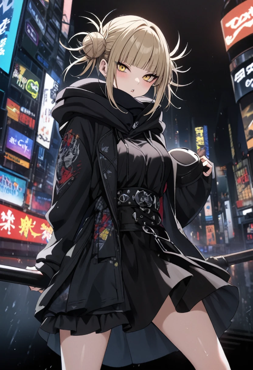 Himiko Toga、Wearing a black hood、Rainy dark night city、