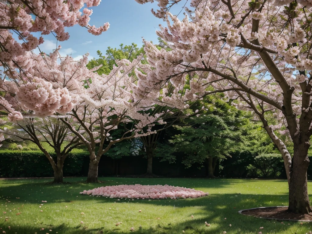 a pink cherry blossom tree in full bloom, beautiful spring scenery, delicate petals, sunlight filtering through the branches, lush green foliage, serene and peaceful atmosphere, soft focus, vibrant colors, highly detailed, photorealistic, 8K